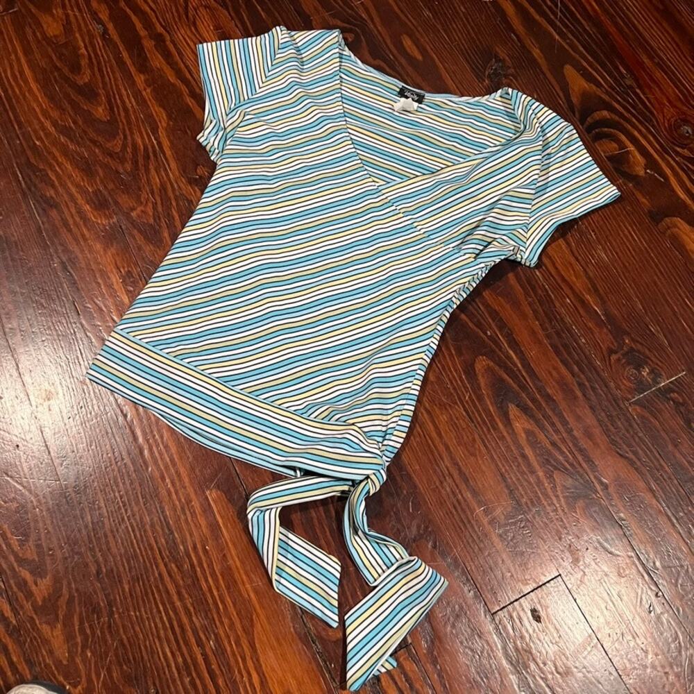 Vanity L Y2K Wrap Top Blue Striped Fitted Short Sleeve 2000s - Picture 3 of 7